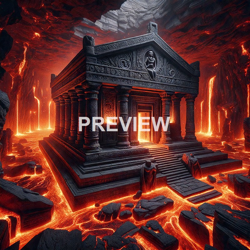A dark, ancient temple with intricate carvings and columns, set within a fiery, volcanic landscape with flowing lava and glowing cracks in the ground and walls.